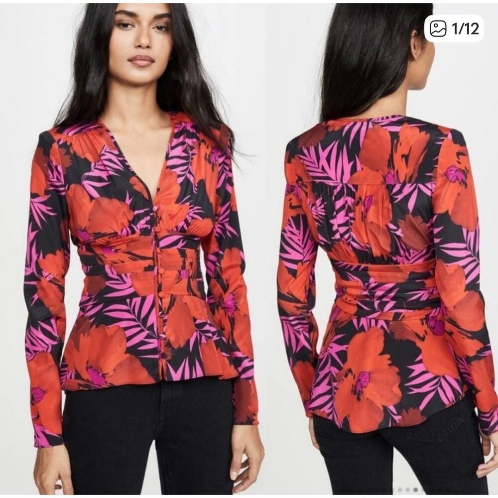 Veronica Beard Pevero Silk Top in Poppy Multi Size 4